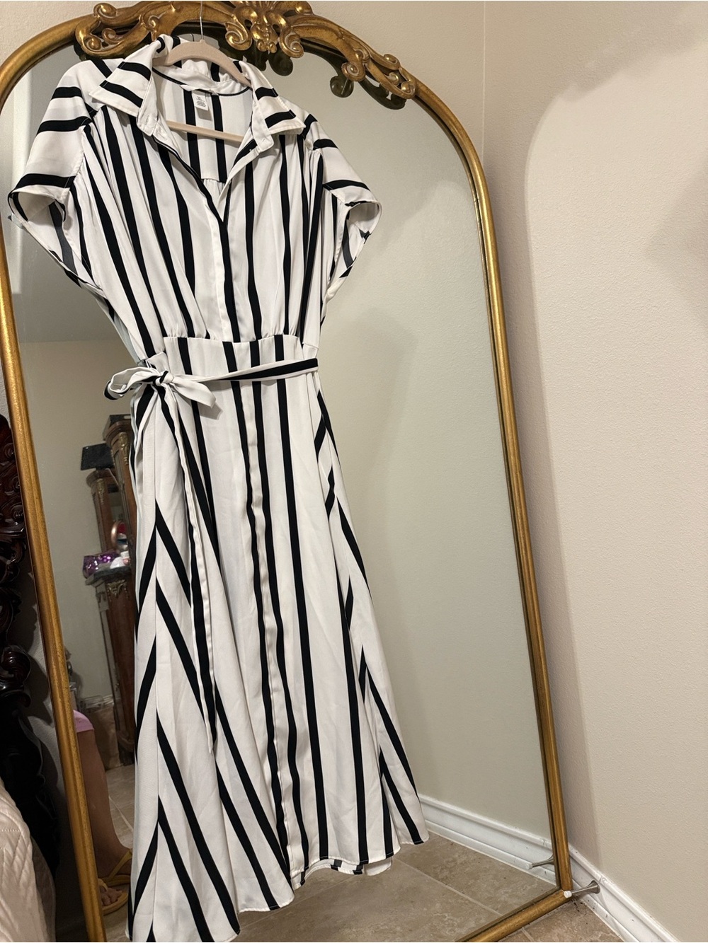 H&M Black and White Vertical Stripe Midi Shirt Dress